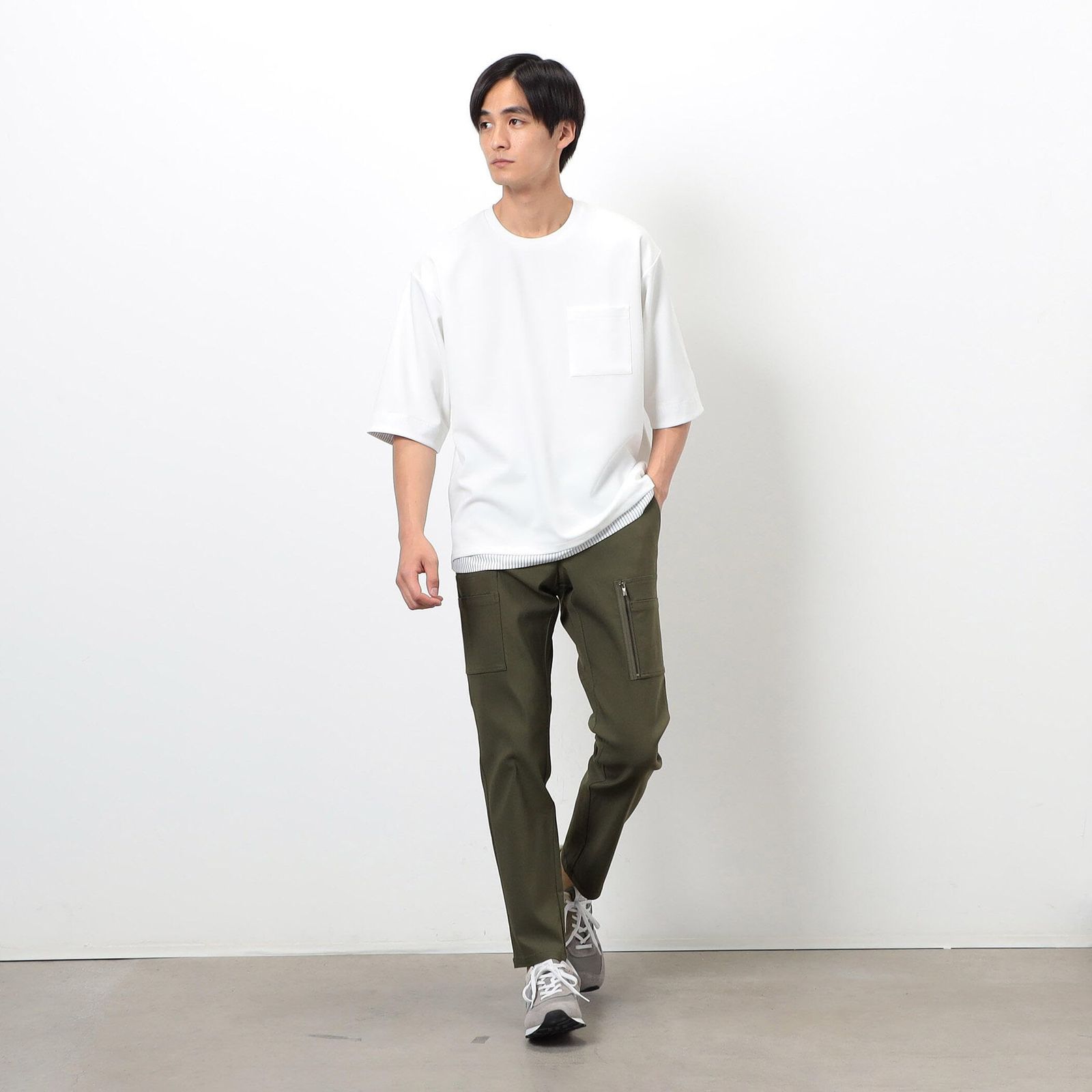 新品 [コムサイズム] ストレッチツイル スキニー カーゴ パンツ 47-50PM04-205 カーキ L