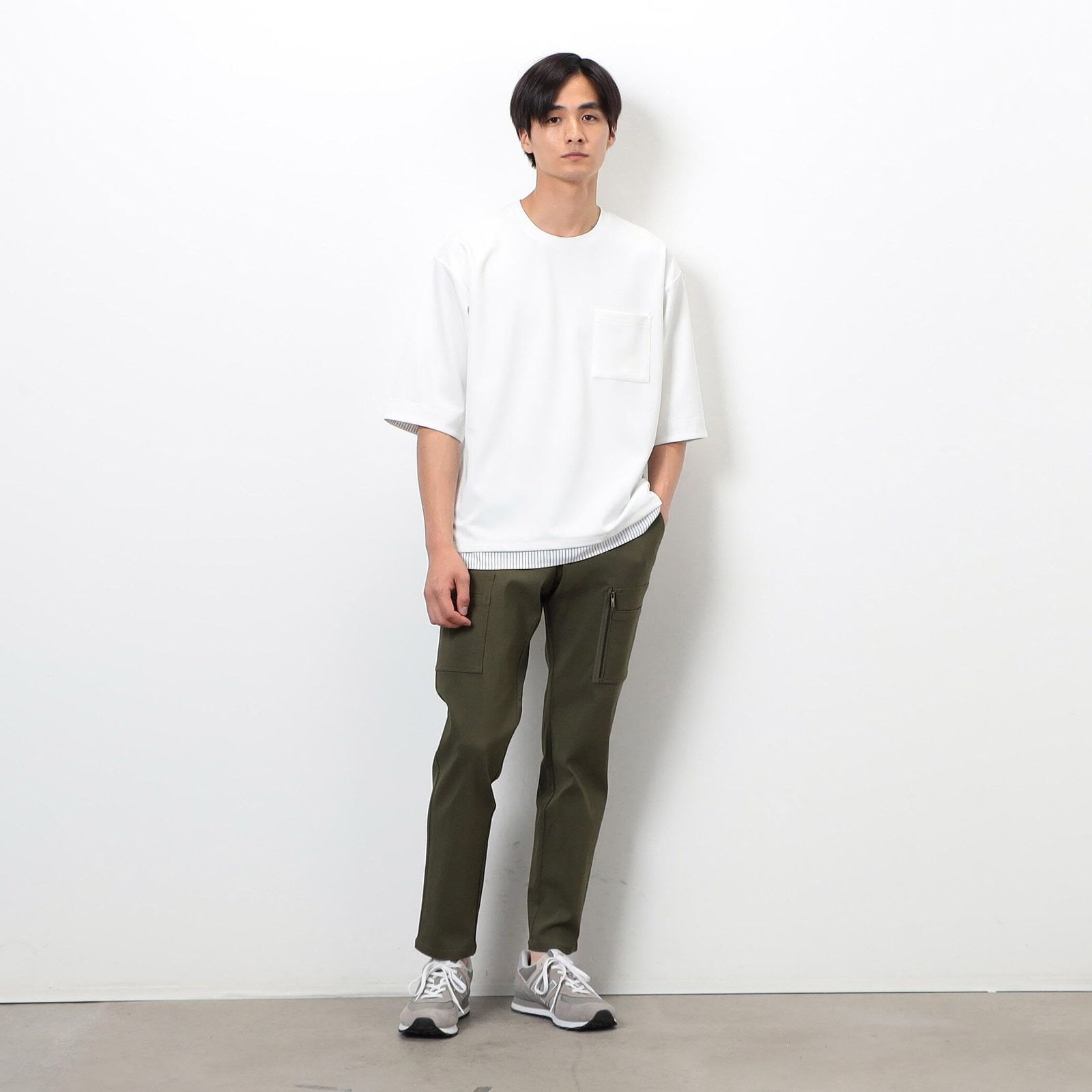 新品 [コムサイズム] ストレッチツイル スキニー カーゴ パンツ 47-50PM04-205 カーキ L