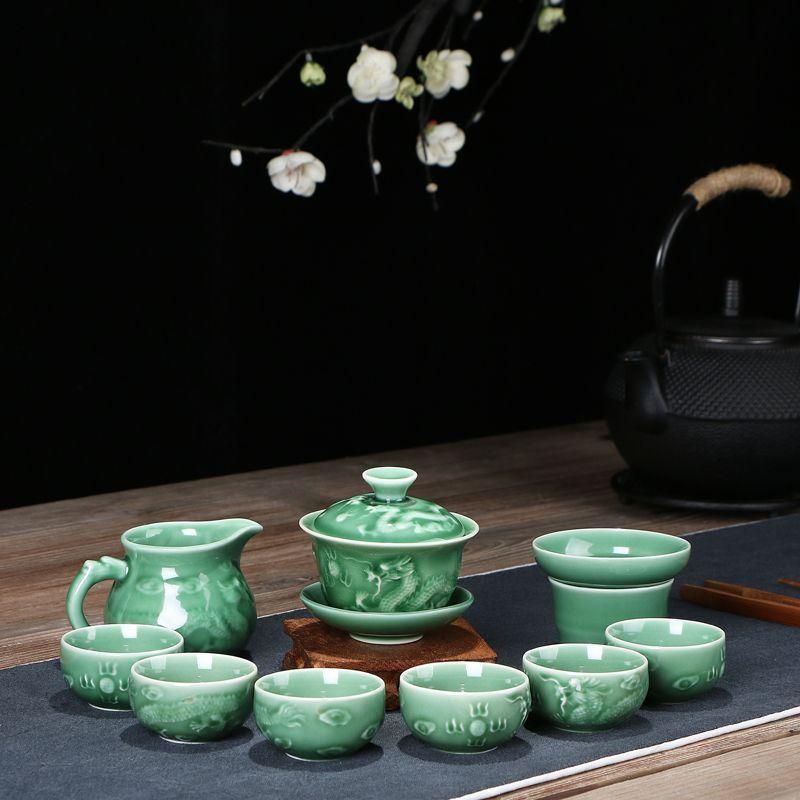 中国美術品 青磁茶碗浮彫龍茶茶茶器セット 新品未使用 中国美術品 青磁茶碗浮彫龍茶茶茶器セット 新品未使用