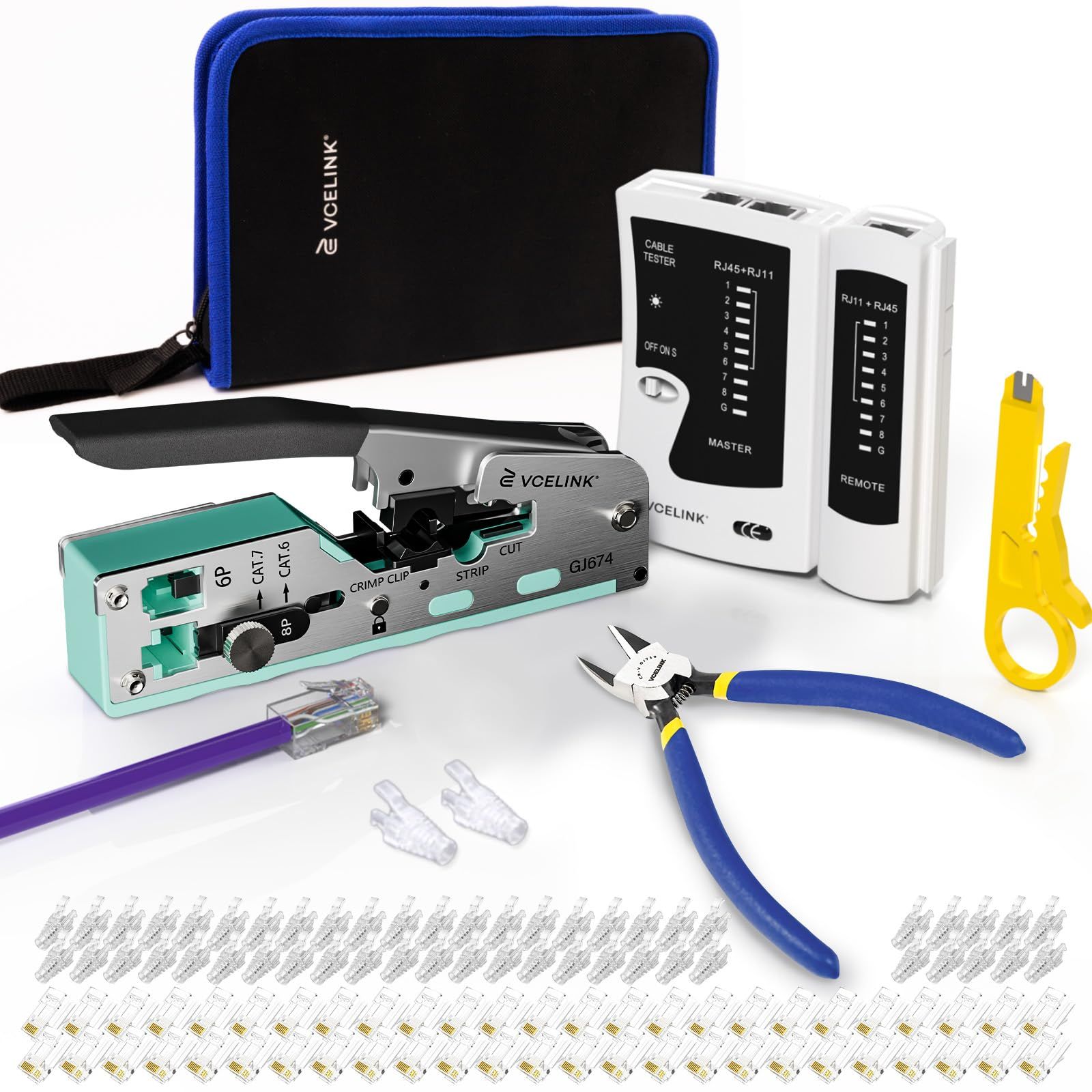 VCELINK RJ45 かしめ工具キット CAT7 CAT6A CAT6 CAT5E CAT5対応 LANチェッカー 圧着工具 精密ニッパー 貫通式RJ45コネクタ+保護カバー 50Pcs付き 布製バッグに入りas 08453138
