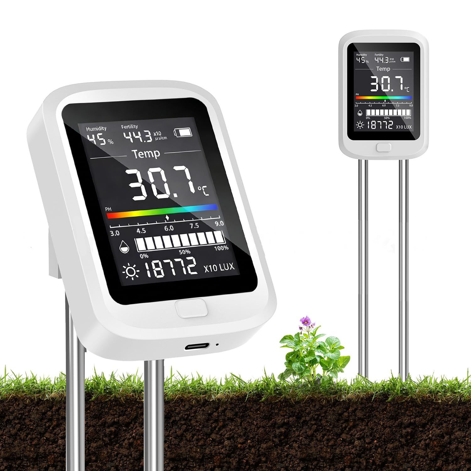 [JIEAIRUI] 2026新型 土壌メーター 6-in-1 ph測定器 土壌水分計 充電式 湿度/温度pH/土壌の栄養状態/日光センサー ガーデニング 芝生 家庭菜園 農業 日本語説明書付きas 6cb2bb30