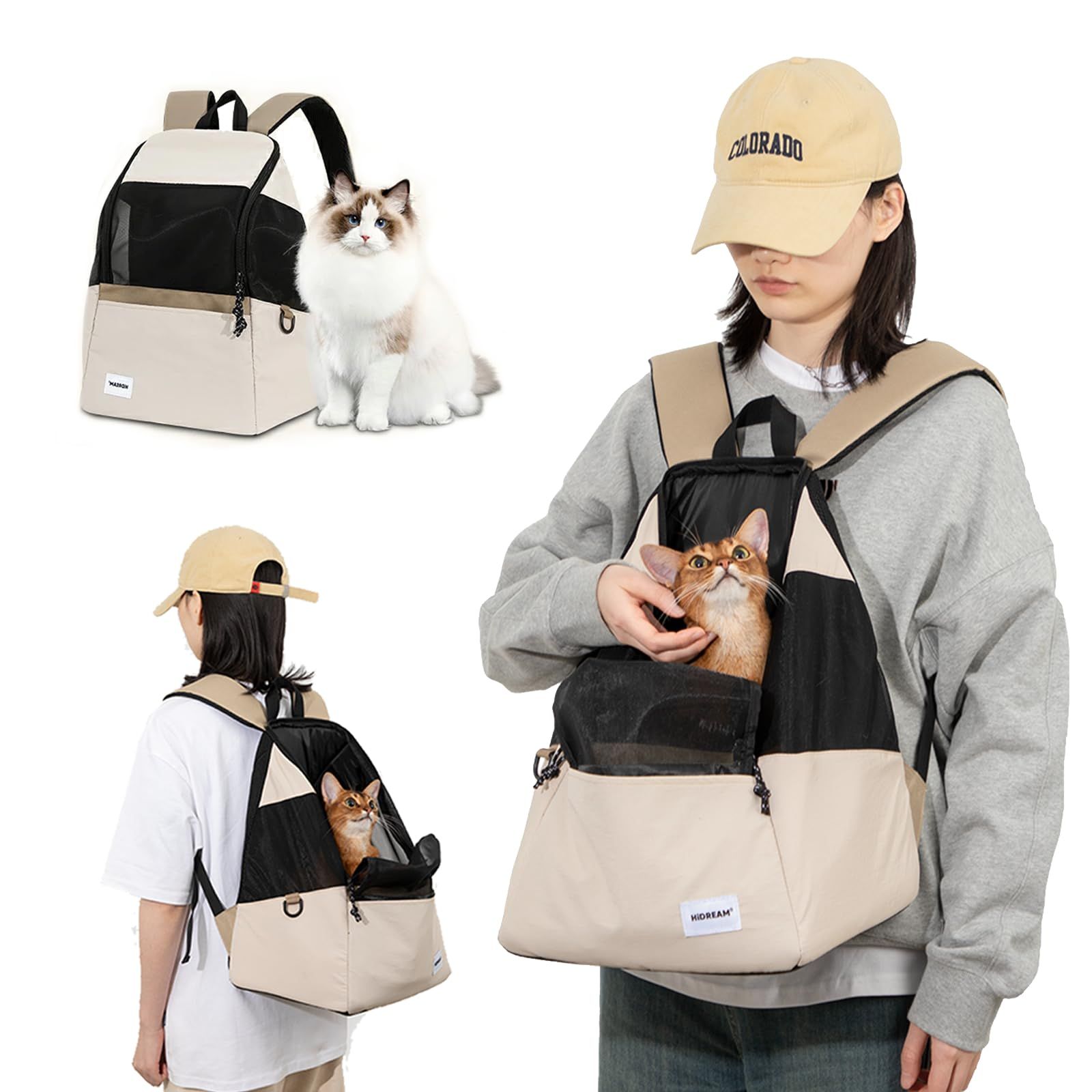 猫 犬用 ペット キャリーバッグ 犬 猫用 リュック フロントバッグ,呼吸頭 通気性 両手解放 防水ナイロン素材 快適 軽い おしゃれ 小型犬/猫用 お出かけ用 リュッ 電車 旅行 ハイキング 持ち運び便利 ポケット付き 7キロまで対応 ベー 7455a4eb