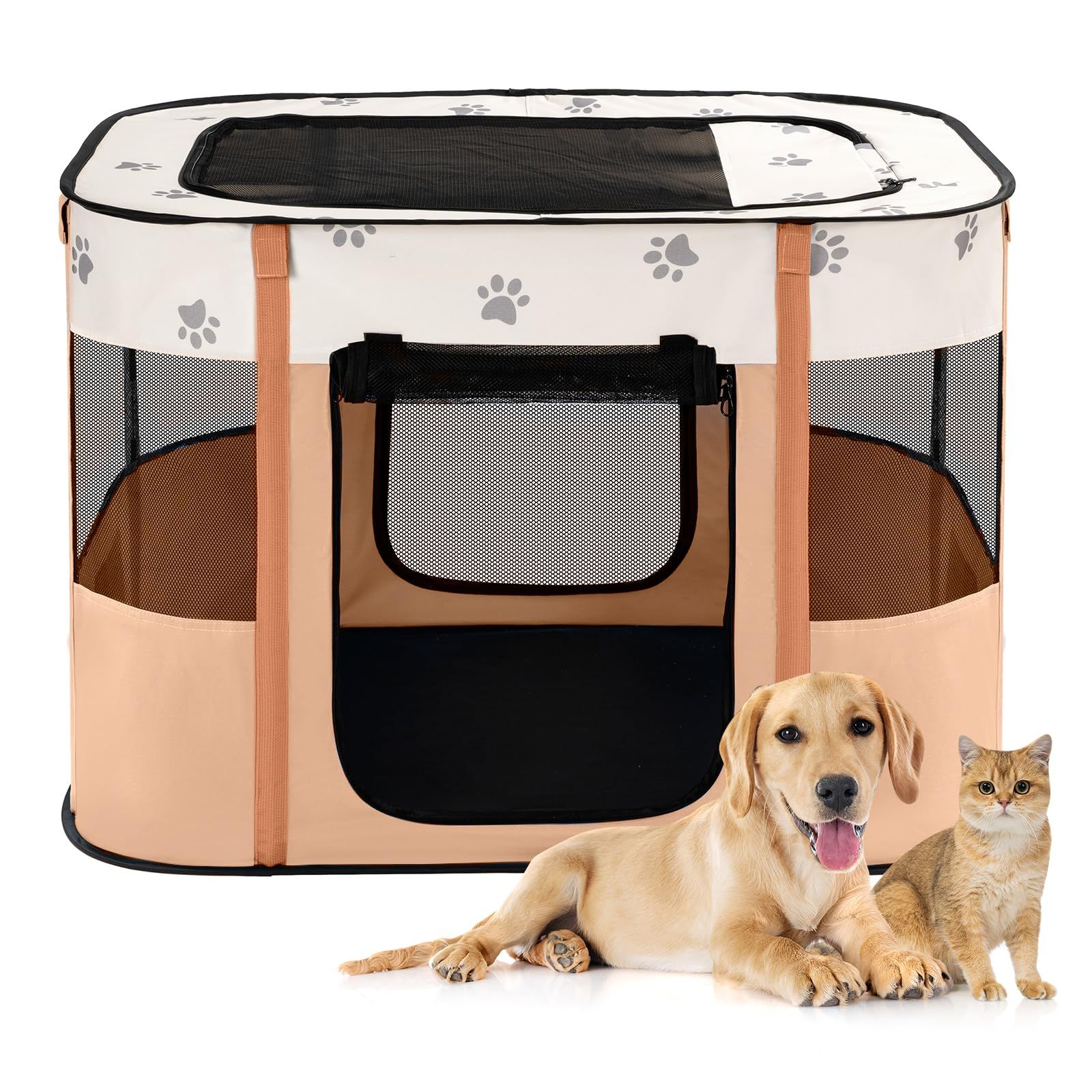 Avont 犬 猫 サークル 折りたたみ式 床とメッシュドアトップ付き 屋内 屋外 ケージ ペットハウス - オレンジas 207639ce