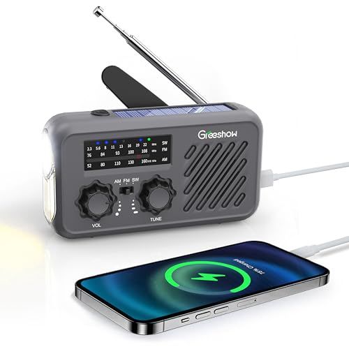 【防災安全協会推奨品認証】Greeshow 多機能防災ラジオ 手回し充電＆ソーラー充電対応 SOSアラート＆LEDライト（懐中電灯）搭載 FM/AM/SW受信 スマホ充電可能 3.5mmイヤホン対応 防水IPX3 小型 軽量 コンパクト 緊急 63494e4a