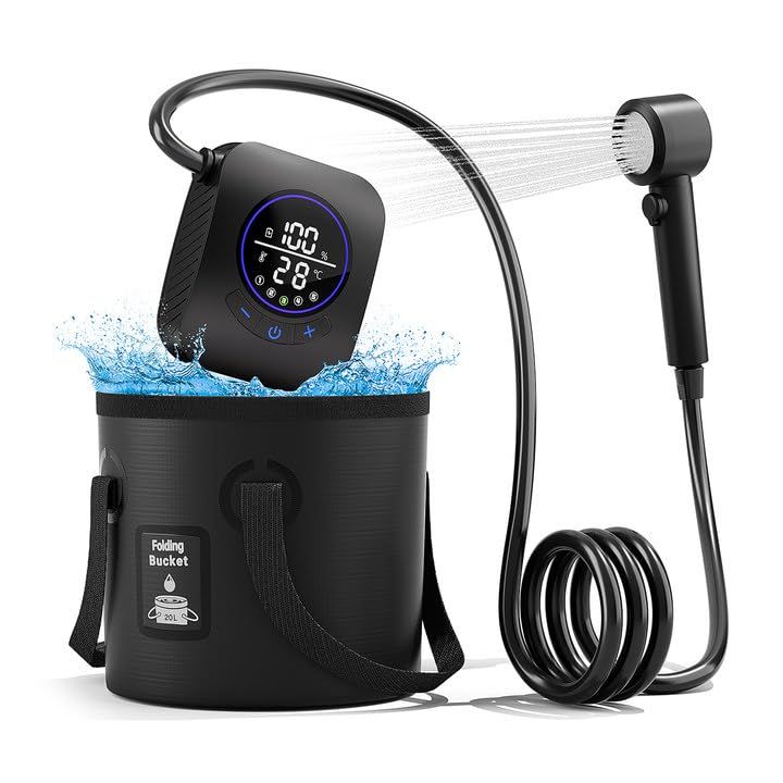 Mytrix ポータブルシャワー キャンプ用 8000mAh充電式 電動シャワー 交換用直射ヘッド/20L折りたたみ式バケツ付 キャンプシャワー デジタル画面 5つ出水モード アウトドア 簡易シャワー 海水浴 サーフィン 旅行 ベランダ掃除 水やり 洗車 水/