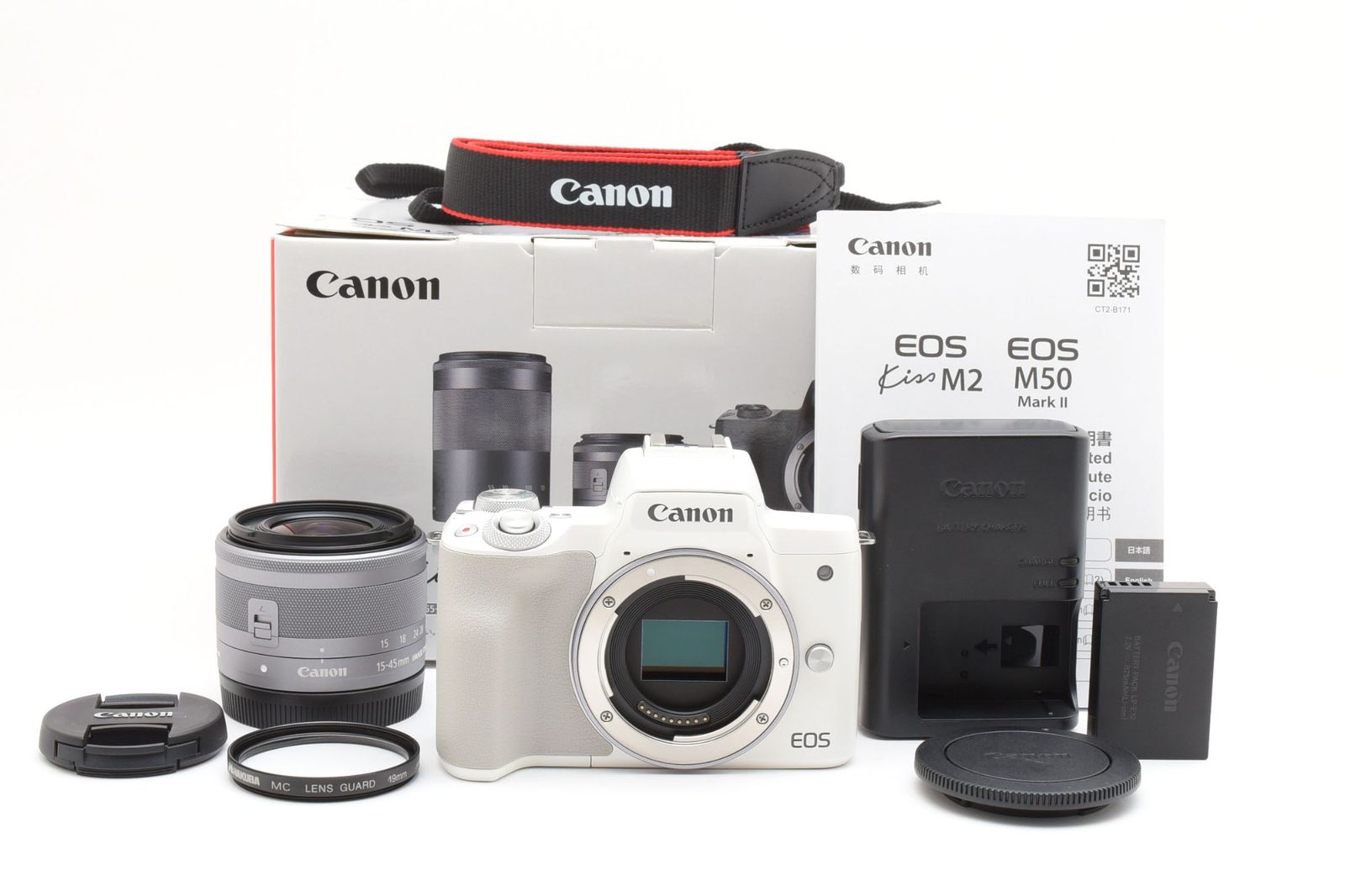 実用光学美品 箱あり Canon キャノン EOS Kiss M2 白 ホワイト / EF-M 15-45mm 3.5-6.3 IS STM レンズキット ミラーレス一眼カメラ #4203-1