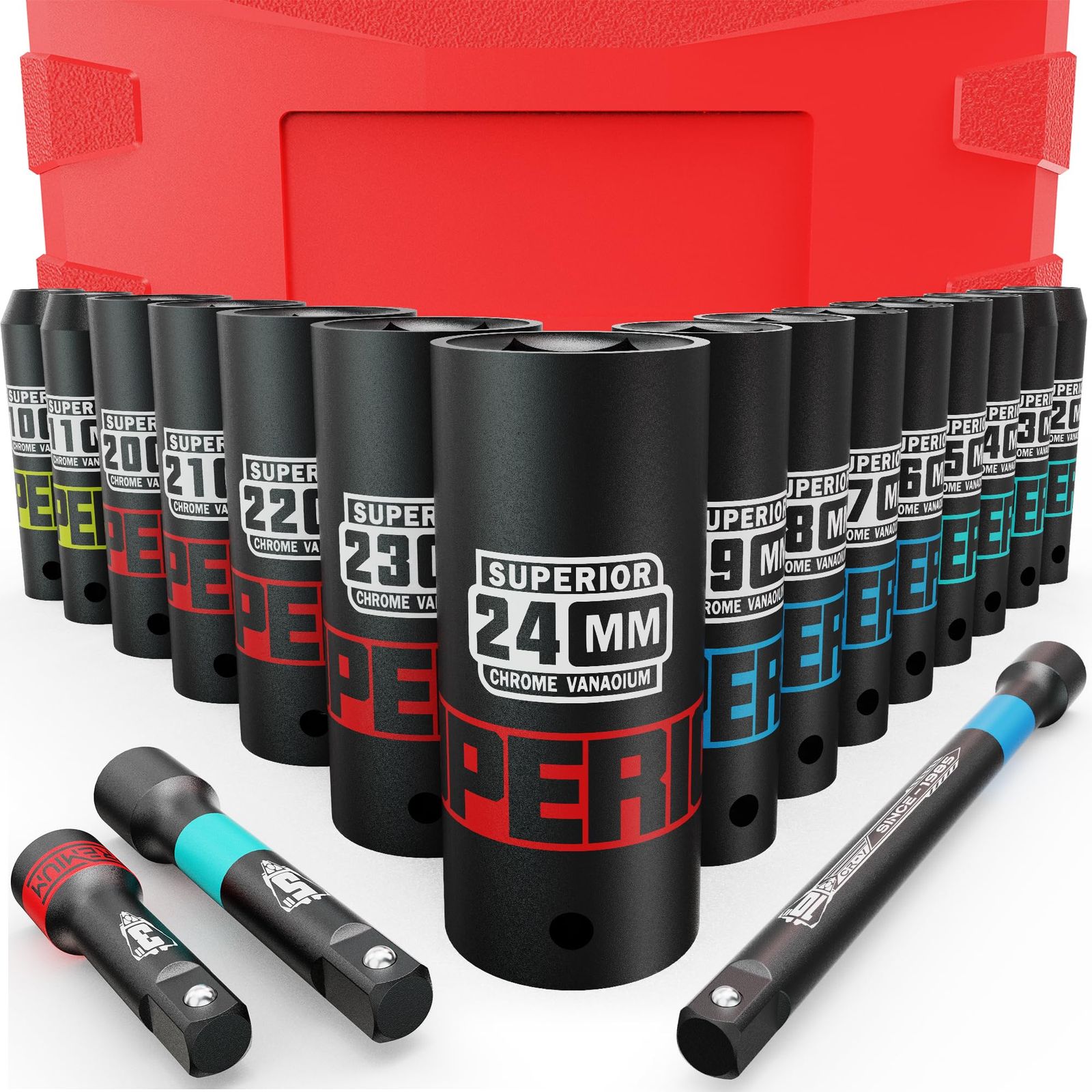 インパクトソケット 差込角12.7mm(1/2インチ) 18本組 ディープソケットセット 10-24 mm エクステンションバー付き 車 バイク タイヤ交換★m 43e05a7e