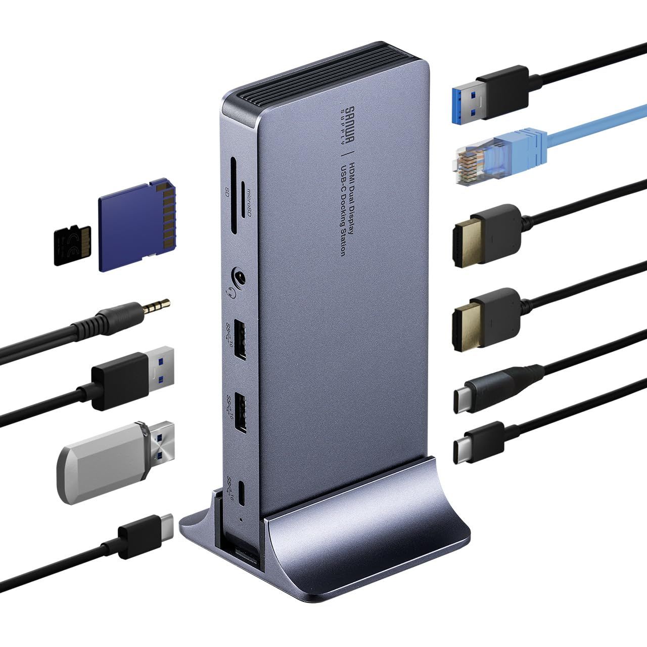 サンワダイレクト Type-C ドッキングステーション 2画面出力 4K HDMI 縦型スタンド付 LAN PD 100W イヤホンジャック SD microSD アルミ製 11in1 400-VGA025ma fb755d10