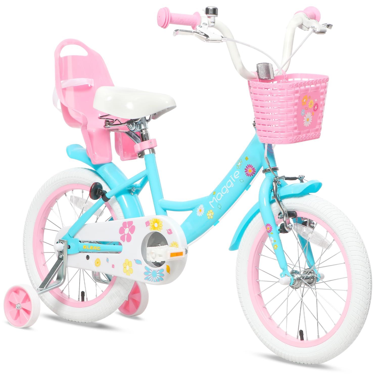 新品 Glerc Maggie 子供用自転車 女の子用 キッズバイク 幼児乗り練習 花柄 かご付き 補助輪付き こども三輪 ぬいぐるみ座席付き vブレーキ 3～5歳 14インチ 青 ブルー&ピンク