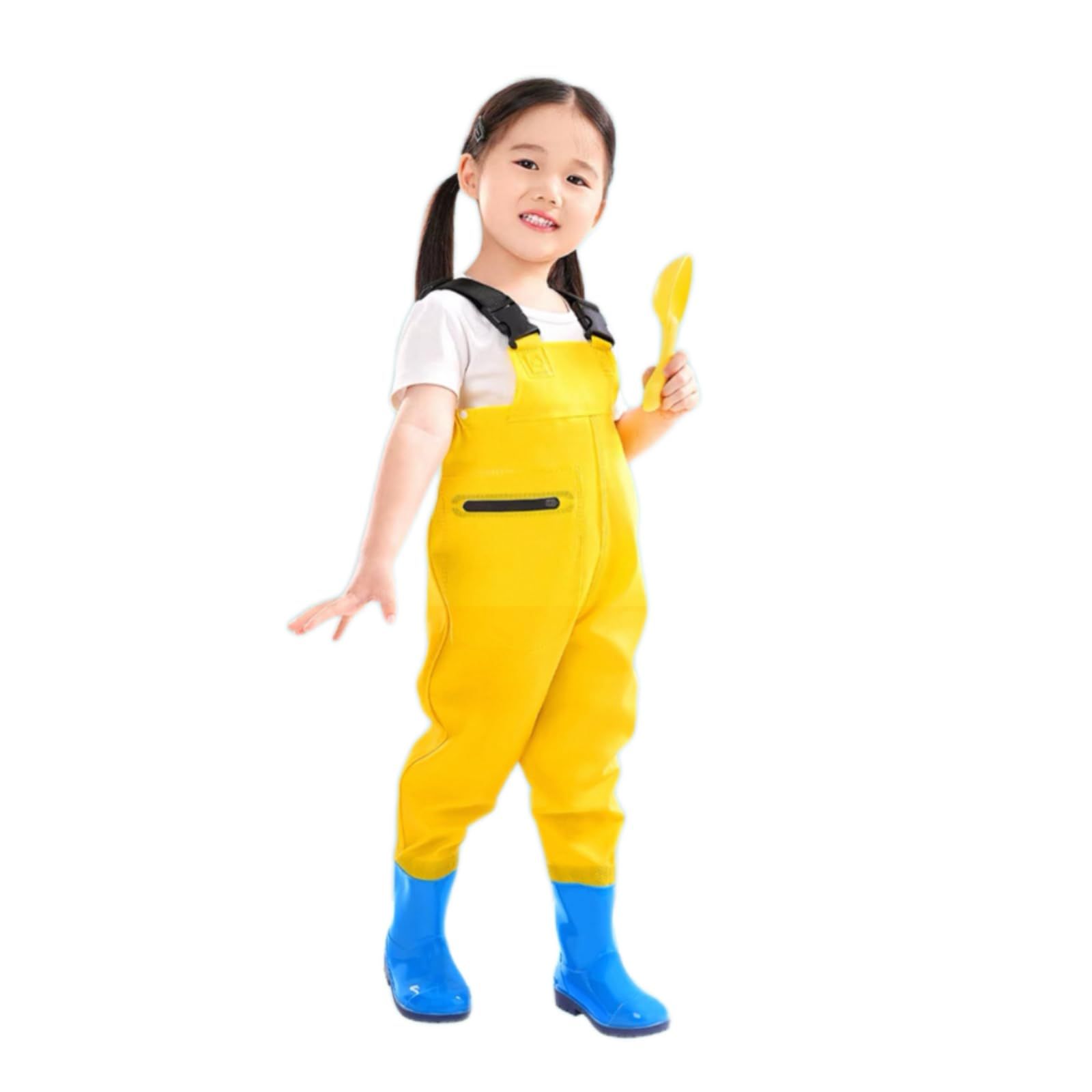 新品 [REBEAUQ] ウェーダー 子供 胴長 キッズ 撥水 男の子 女の子 サイズが調節可能 かわいい おしゃれ キッズウェーダー 一体設計 簡単着脱 潮干狩り 水遊び 砂場遊び 田植え体験 (イエロー 足長21.5cm)
