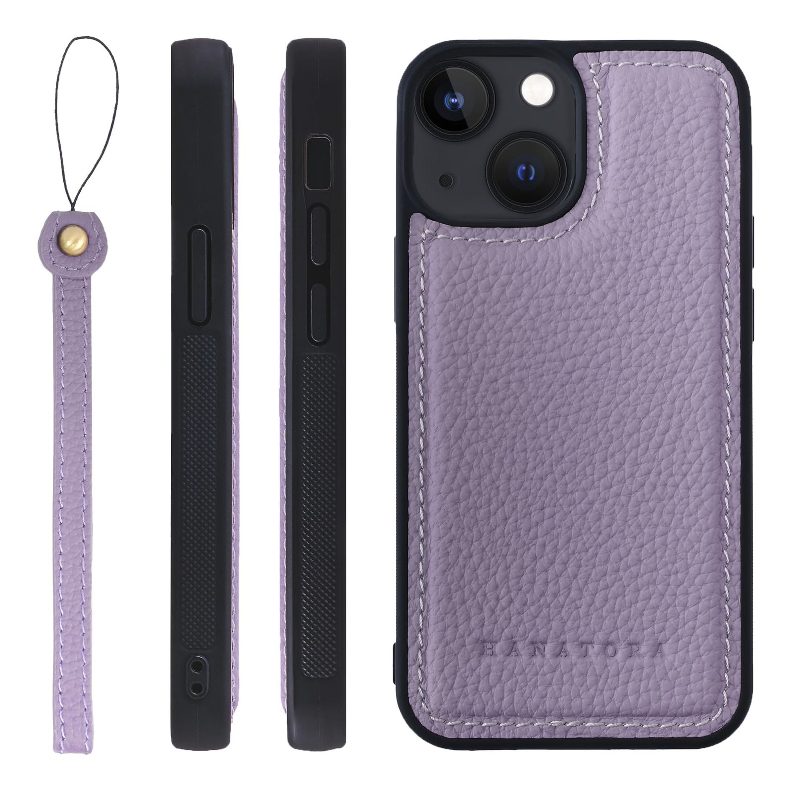 新品 HANATORA for iPhone 13mini ケース 本革 耐衝撃 バンパー型 スマホケース スマホ ストラップ 付き シュリンクレザー ギフト パープル SPGGZ-13mini-Purple
