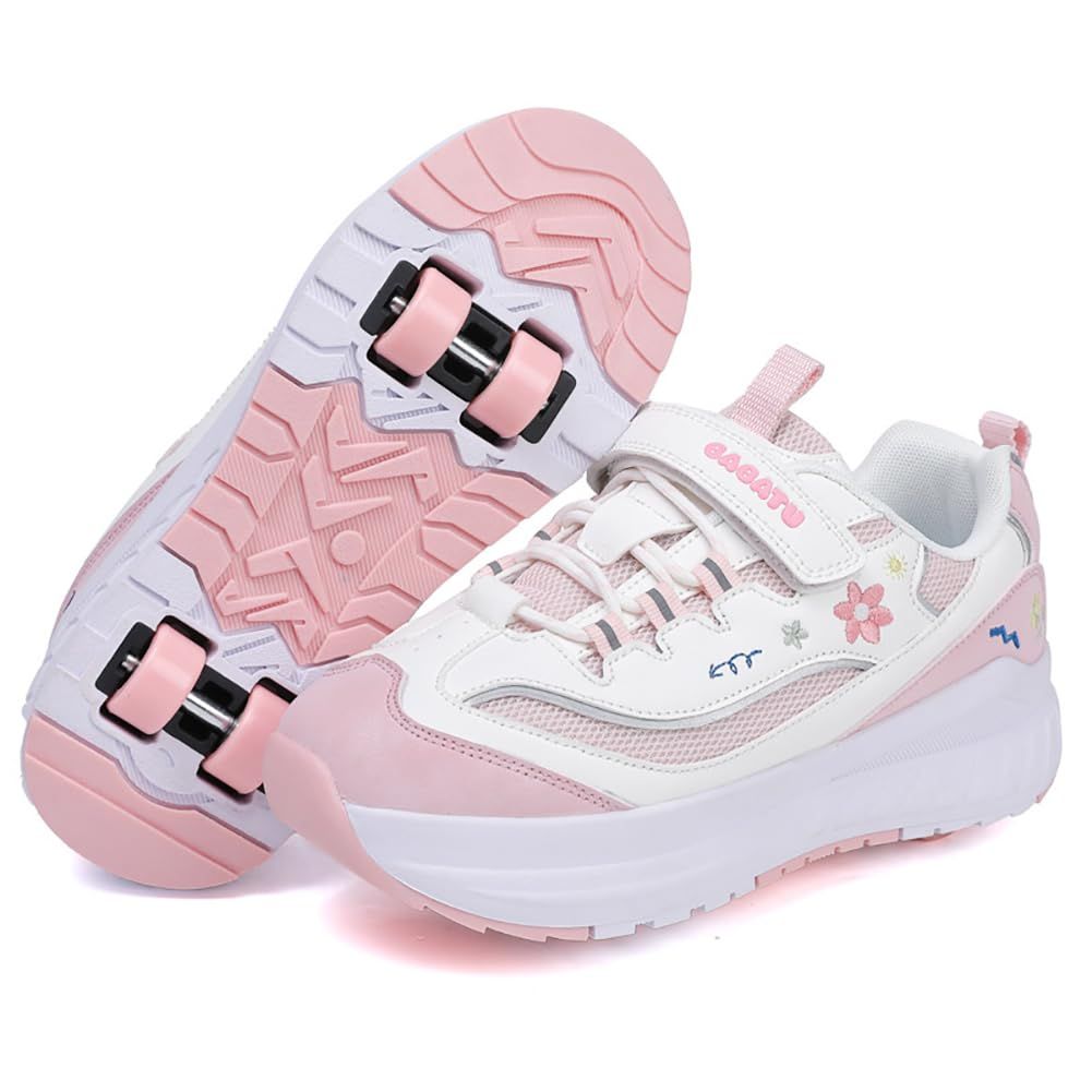 新品 [mxcgzl] ローラーシューズ 子供/大人 4輪 女の子 男の子 レディース スニーカーとして使用可 しまえる 取り外し可能 着脱式 ローラースケート 面ファスナー 誕生日プレゼント シンプル 初心者 カジュアル スポーツシューズ (ピンク 23.