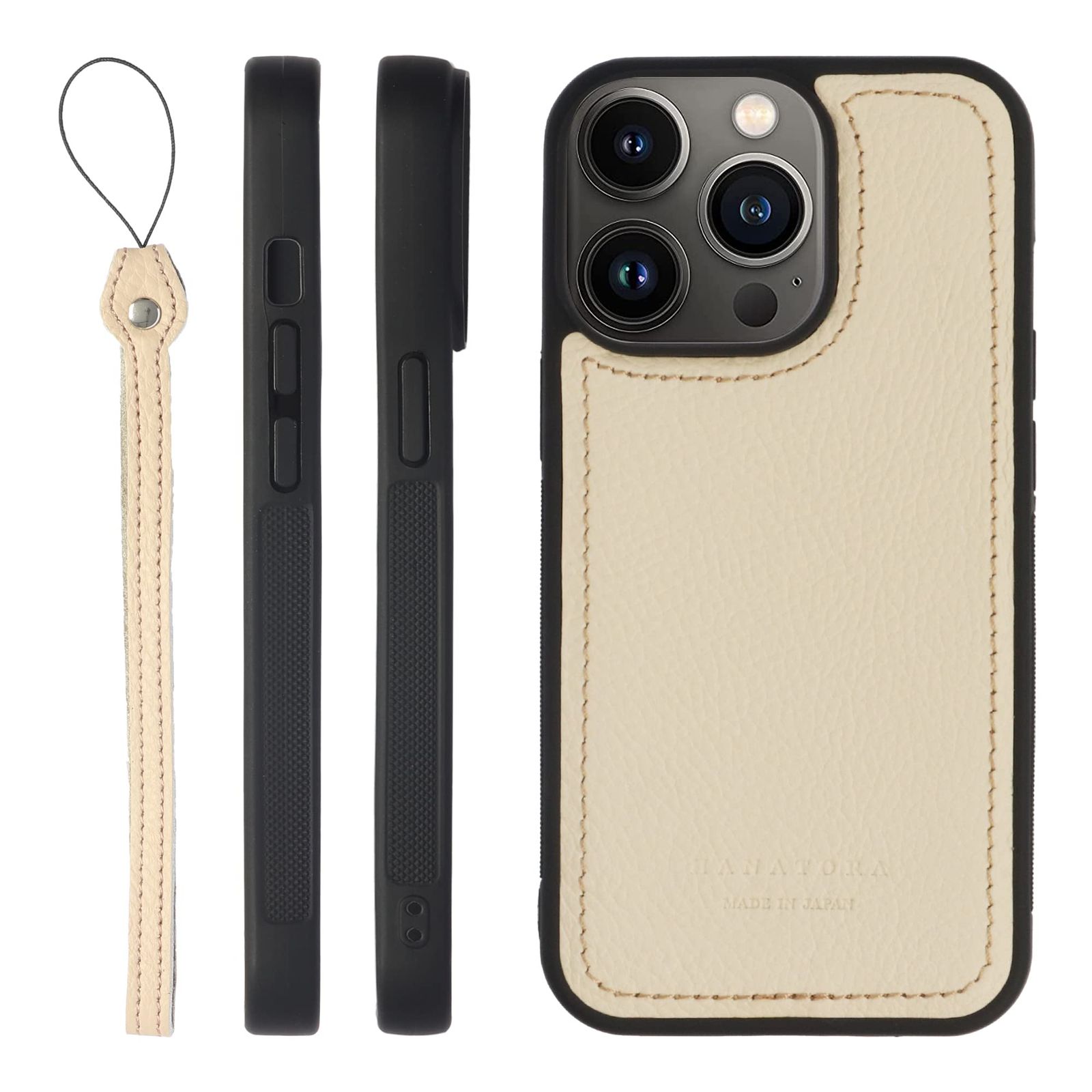 新品 HANATORA for iPhone 13Pro ケース 本革 日本製 耐衝撃 スマホケース スマホ ストラップ 付き シュリンクカーフレザー ギフト マグネットなし ホワイト SPGJP-13Pro-White