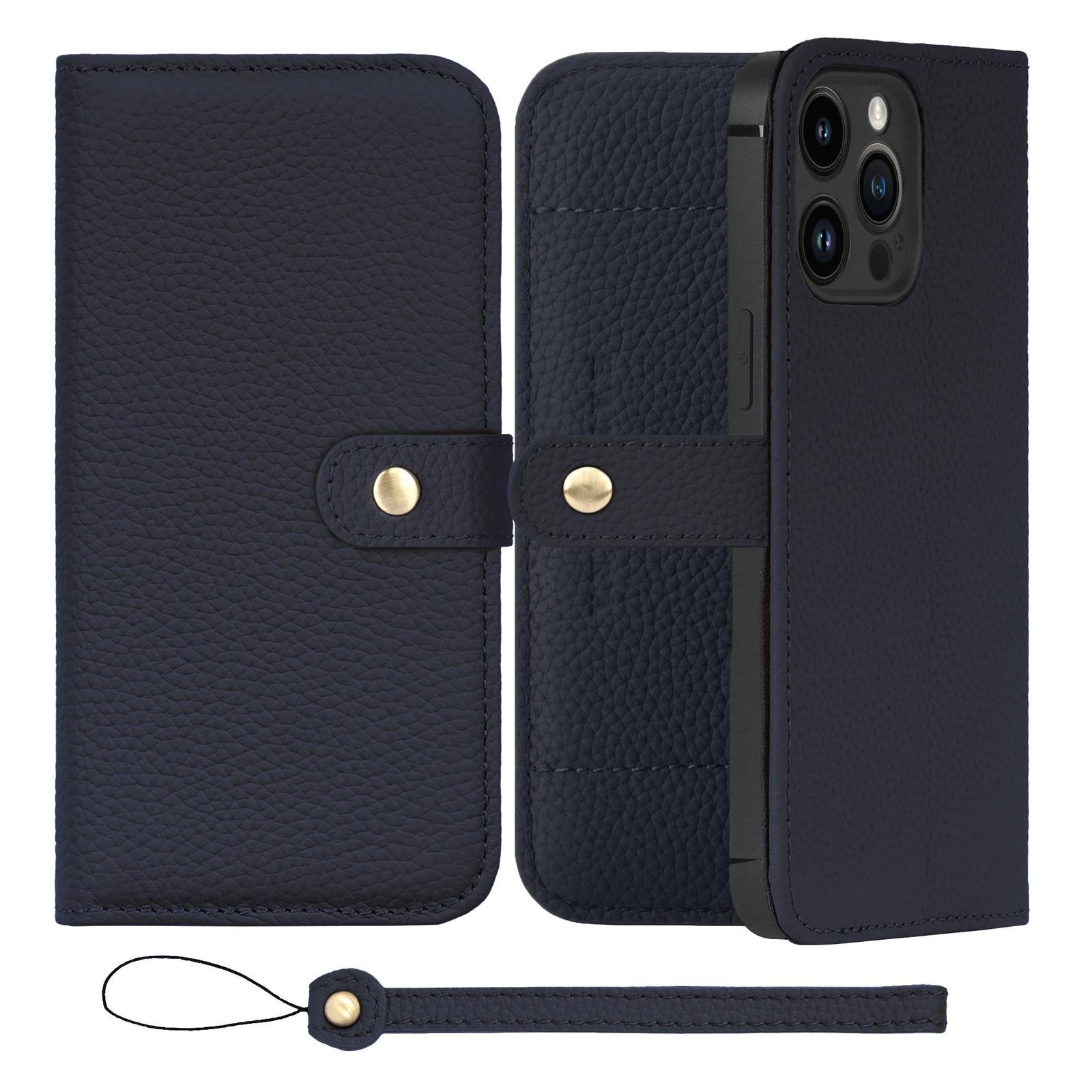 新品 HANATORA for iPhone 14ProMax ケース 手帳型 本革 スマホケース スマホ スタンド ストラップ 付き シュリンクカーフレザー ベルトあり マグネットなし ネイビー H1SPB-14ProMax-Navy ギフト 誕生日 女性