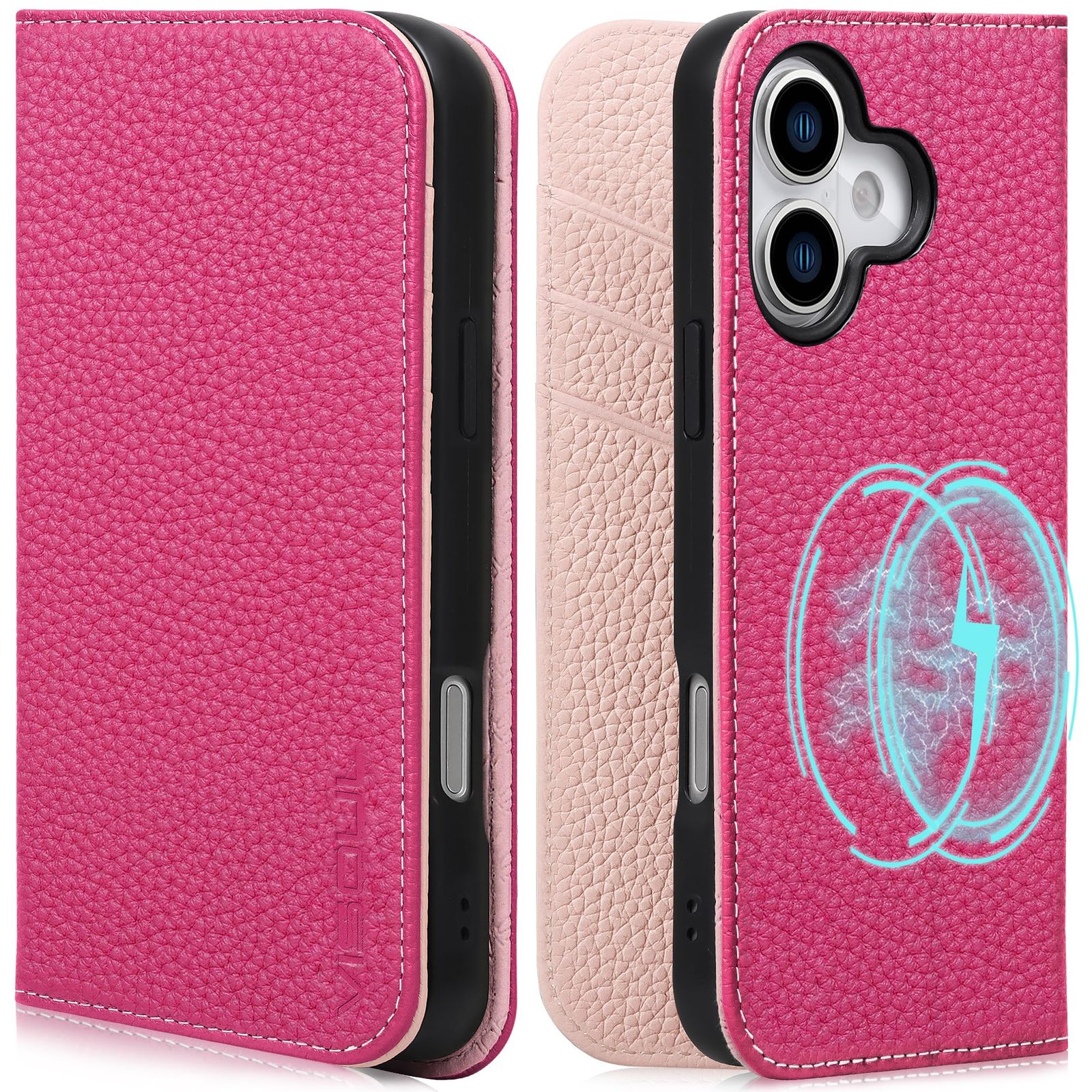 新品 VISOUL iPhone 17 対応 ケース 手帳型 本革 アイフォン17 手帳型ケース MagSafe対応 スマホケース レザー カード収納 携帯カバー 横置きスタンド機能付き マグネット式 全面保護 柔軟なTPU素材 アイホン17 マゼンタ・ピック
