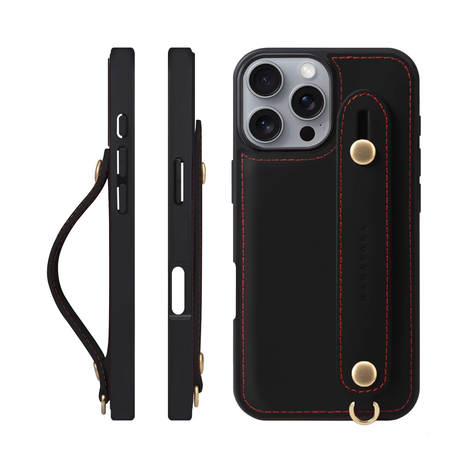 新品 HANATORA for iPhone 16Pro ケース 本革 耐衝撃 背面ベルト ストラップリング スマホケース スマホ スタンド機能 コードホルダー ガラスフィルム 付き オイルドレザー ギフト ブラック GH-16Pro-Black-m