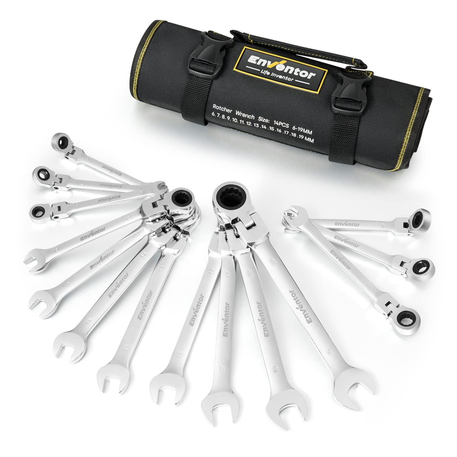 Enventor ラチェットレンチセット フレックスラチェットレンチ 角度調整可能 6~19mm 14本組 首振りラチェットコンビセット 両用ヘッド 専用ポケット 収納ポーチ付きts 3fe2c485