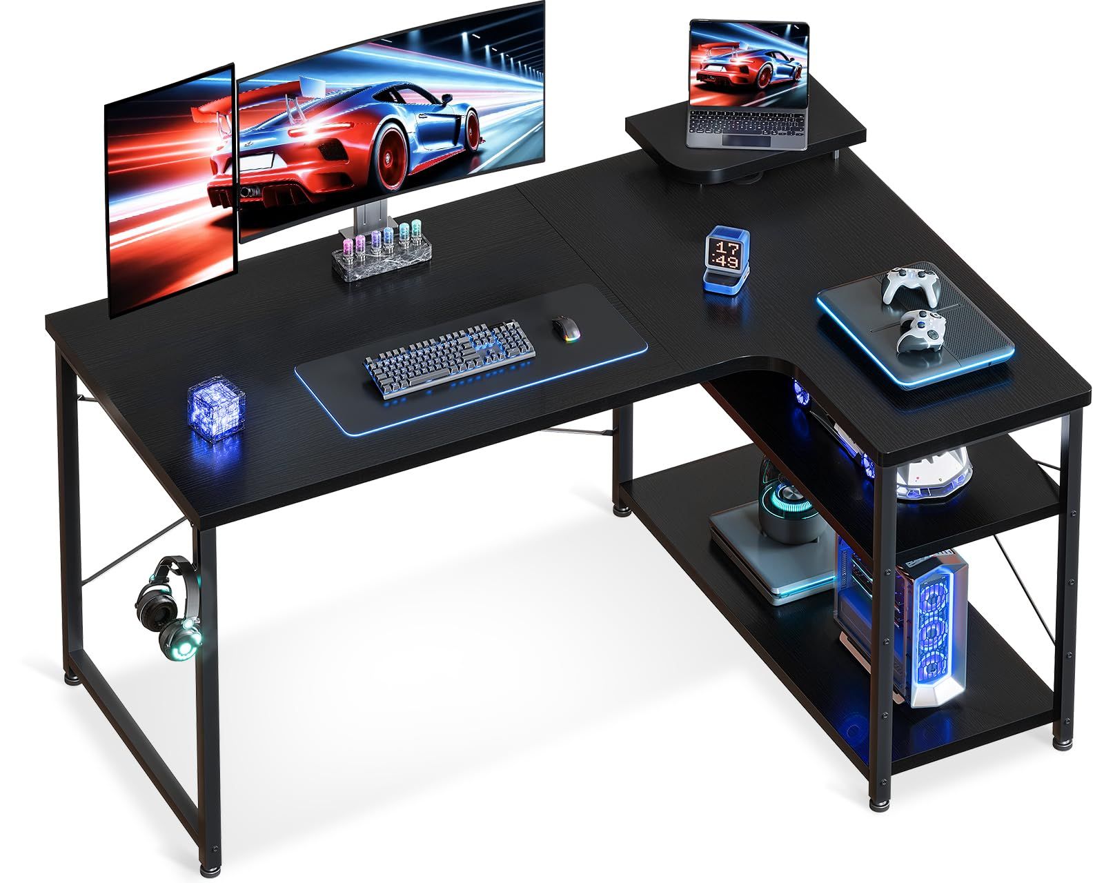 ODK ゲーミングデスク L字 パソコンデスク 幅110 デスク desk 机 pcデスク 棚付き オフィス ワーク 在宅勤務 ?子 勉強机 組立簡単 ブラック 右棚Y ceccadd0