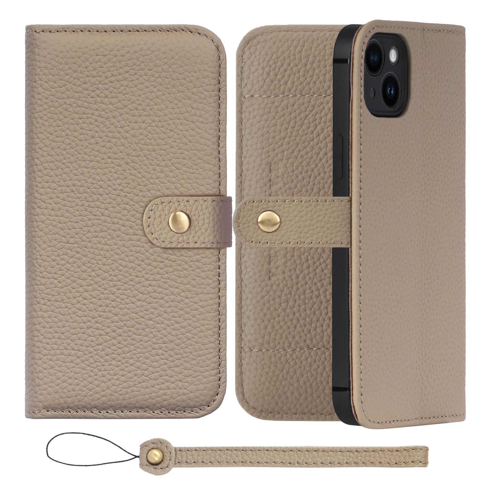 新品 HANATORA for iPhone 15Plus ケース 手帳型 本革 スマホケース スマホ スタンド ストラップ 付き シュリンクカーフレザー ベルトあり マグネットなし グレージュ H1SPB-15Plus-Grege ギフト 誕生日 女性 男性
