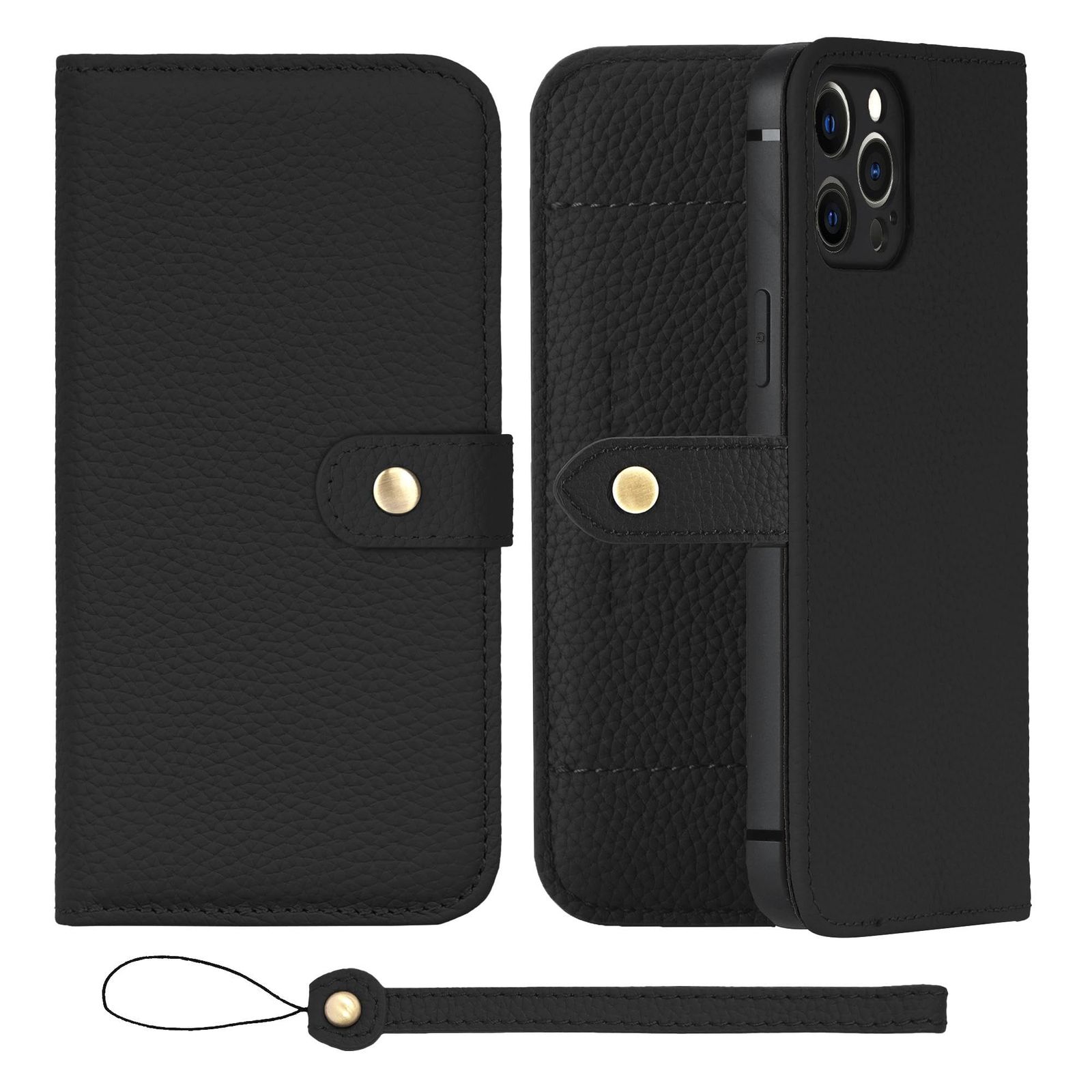 新品 HANATORA for iPhone 12ProMax ケース 手帳型 本革 スマホケース スマホ スタンド ストラップ 付き シュリンクカーフレザー ベルトあり マグネットなし ブラック H1SPB-12ProMax-Black ギフト 誕生日 女性