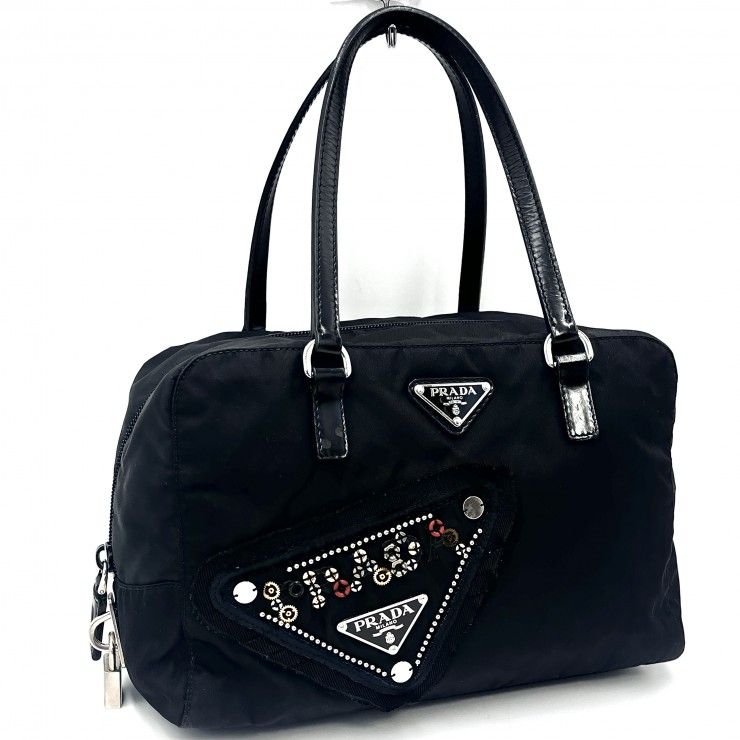 PRADA（プラダ）ロゴ ナイロン ハンドバッグ ミニボストンバッグ ブラック シルバー金具 レディース 南京錠付き 【中古】