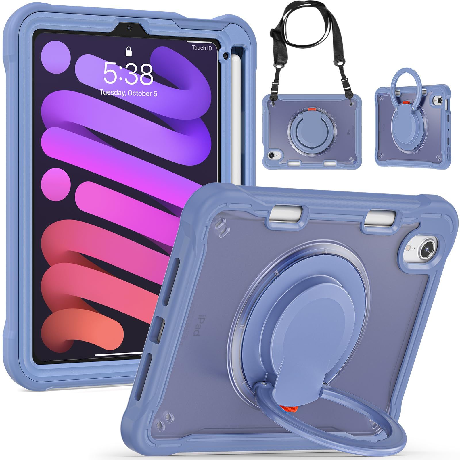 新品 SENLAN iPad Mini6/iPad Mini7 (A17 Pro)用ケース 縦置き 横置き 肩掛け 360°回転持ち手 ペン収納 ショルダーストラップ付き ハードPC +シリコン リングスタンド 耐衝撃 半透明 背面カバー つや消し((紫灰)
