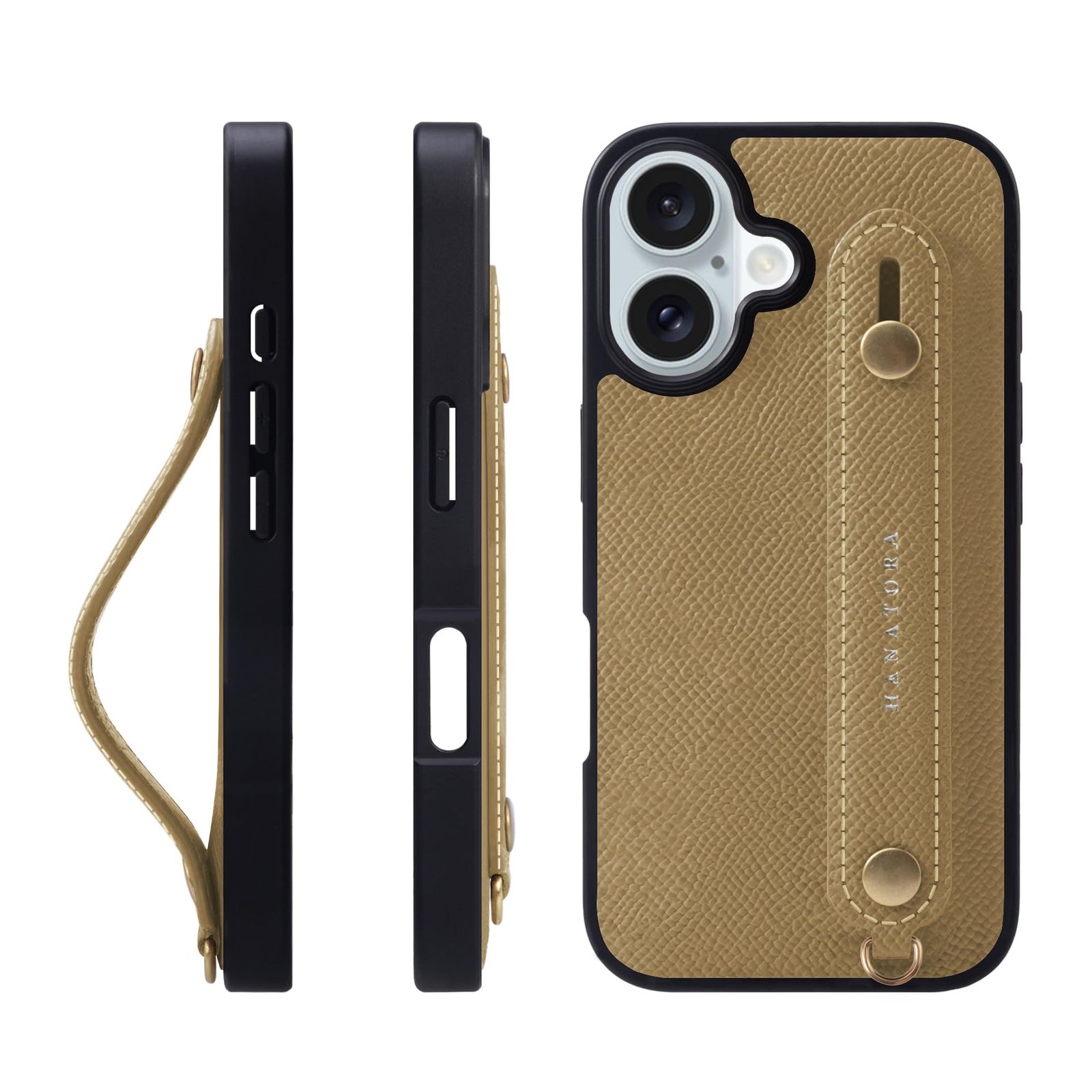 新品 HANATORA for iPhone 16 ケース 本革 耐衝撃 背面ベルト スマホケース スマホ スタンド機能 ネック ストラップ 付き エンボスレザー ギフト マグネットなし グレージュ NGH-16-Grege