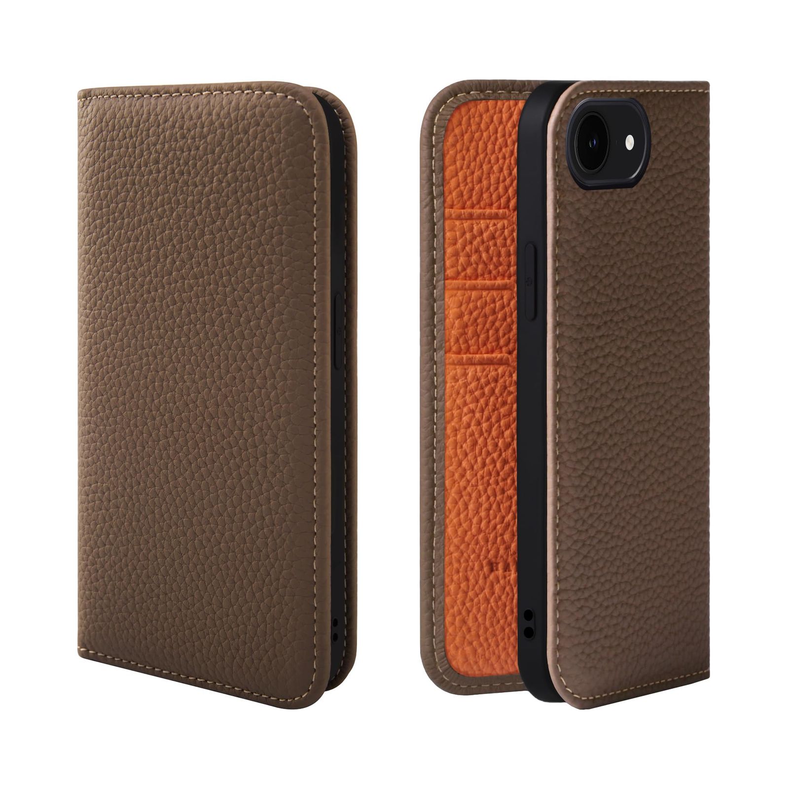 新品 HANATORA for iPhone 17e 16e ケース 手帳型 本革 スマホケース スマホ スタンド コードホルダー 付き シュリンクカーフレザー マグネットなし トープ + オレンジ PH-16e-Taupe-OG ギフト 誕生日 女性 男性