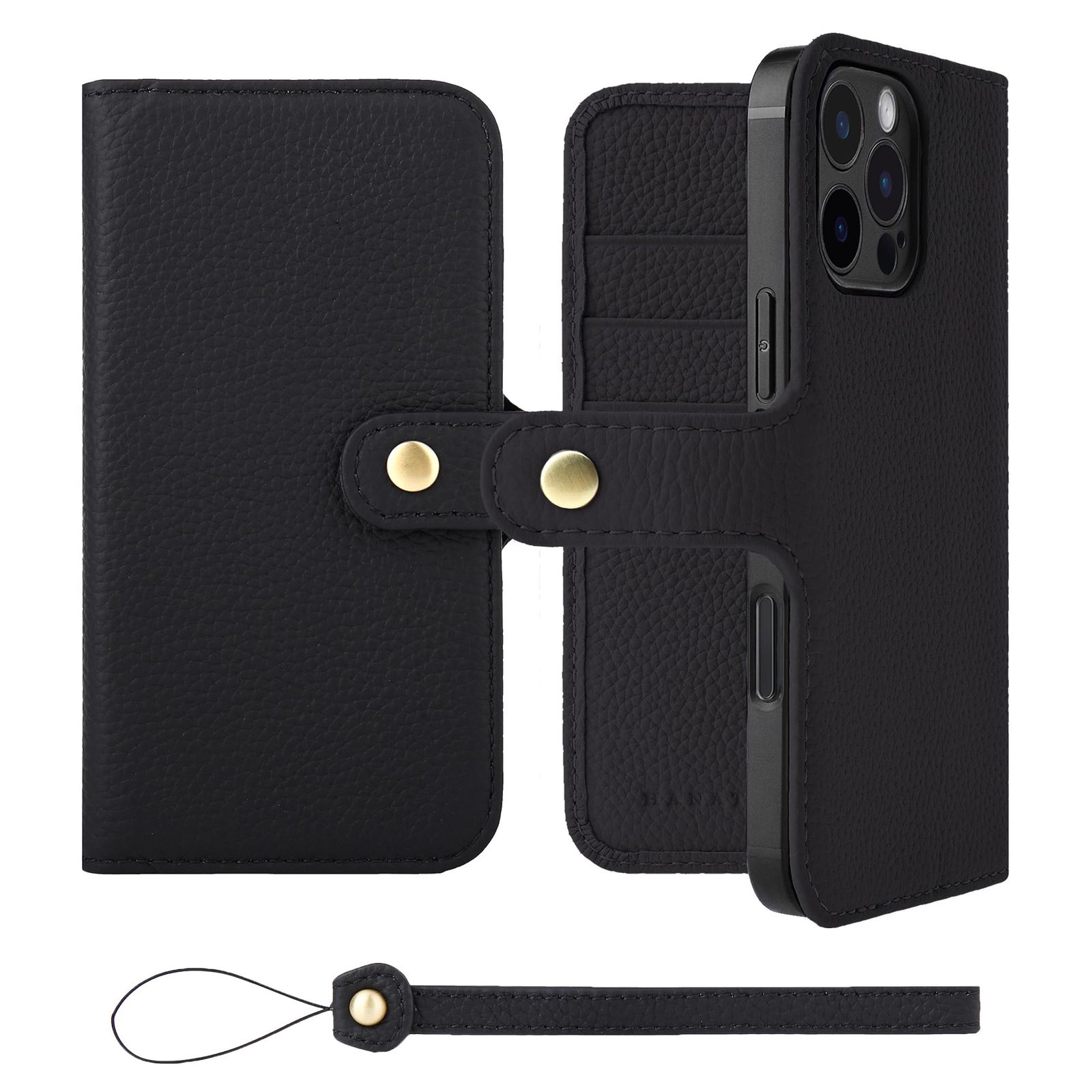 新品 HANATORA for iPhone 16ProMax ケース 手帳型 本革 スマホケース スマホ スタンド ストラップ 付き シュリンクカーフレザー ベルトあり マグネットなし ブラック H0XB-16ProMax-Black ギフト 誕生日 女性