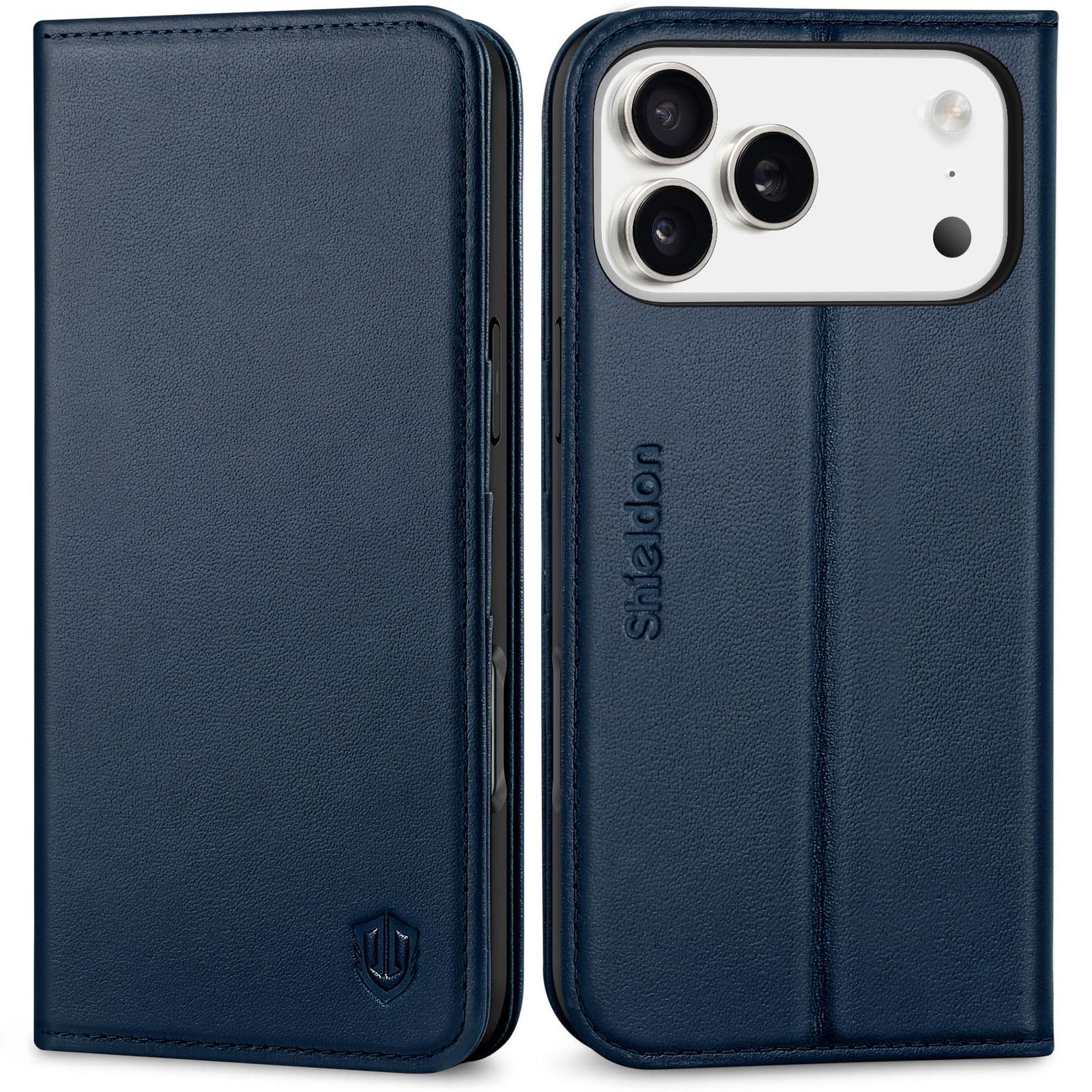 新品 SHIELDON iPhone 17ProMax 対応 手帳型ケース 本革レザー 6.9インチ 5G 2025年発売 ネイビーブルー