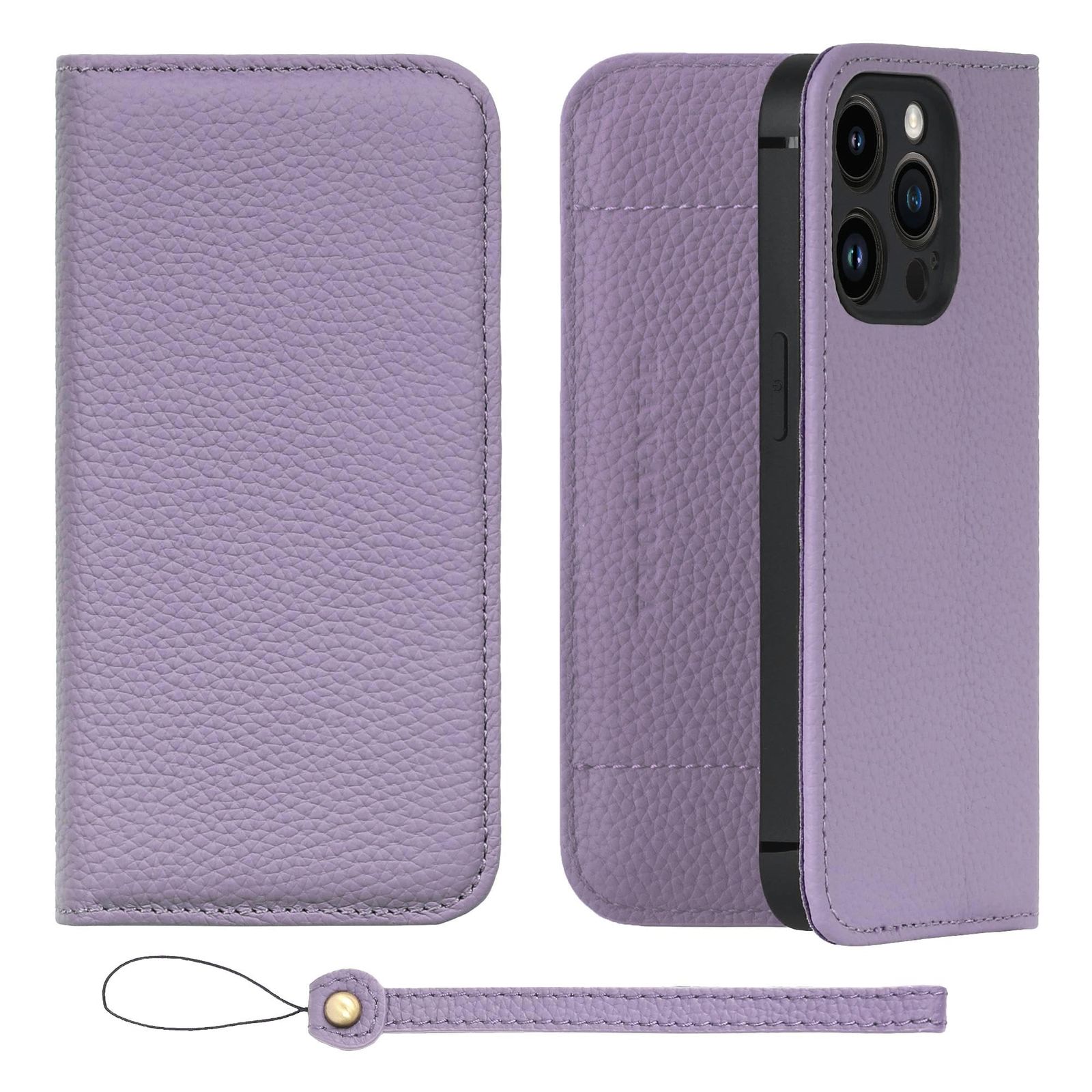 新品 HANATORA for iPhone 14Pro ケース 手帳型 本革 スマホケース スマホ スタンド ストラップ 付き シュリンクカーフレザー ベルトなし マグネットなし パープル H1SPA-14Pro-Purple ギフト 誕生日 女性 男性 彼