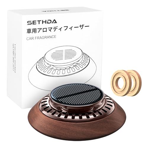 SETHDA 車用芳香剤 ソーラー回転式 充電不要 車 アロマディフューザー アルミ合金製 静音 1秒で香りが出る 360°循環浄化 耐高温 ケヤキ片*2枚 高級カー用品 トイレ/ヨガ室/部屋/卓上/車載/などに適用 カーディフューザー 車 2db9e1f0