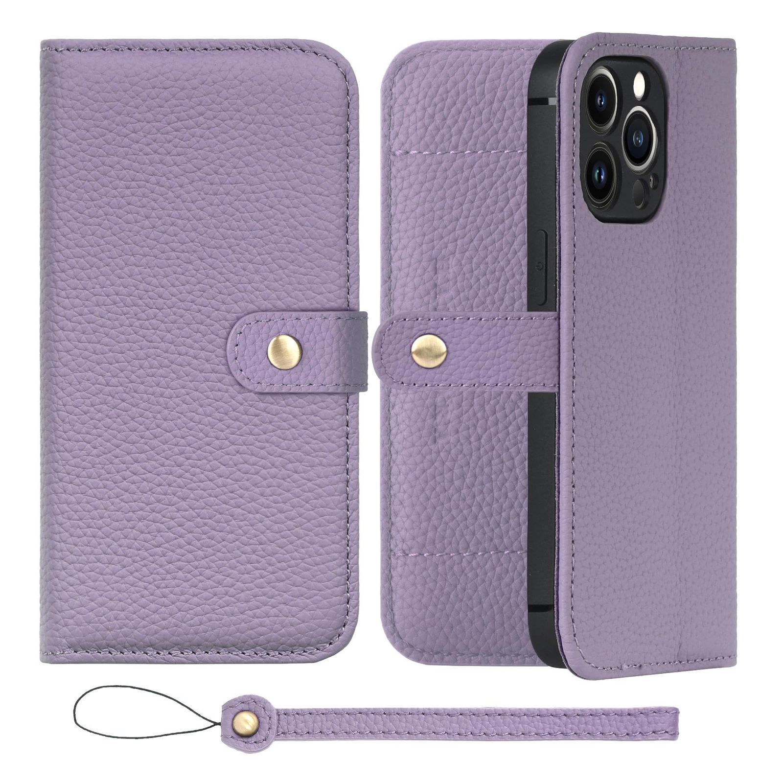 新品 HANATORA for iPhone 13Pro ケース 手帳型 本革 スマホケース スマホ スタンド ストラップ 付き シュリンクカーフレザー ベルトあり マグネットなし パープル H1SPB-13Pro-Purple ギフト 誕生日 女性 男性 彼