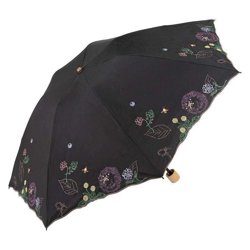 【新品】 [シノワズリーモダン]日傘 晴雨兼用 折りたたみ 軽量 3段ミニ レディース 刺繍 ボタニカル柄 外袋付き 母の日 ギフト (ブラック)