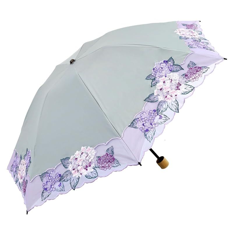 【新品】 [シノワズリーモダン]日傘 折りたたみ レディース１級遮光 UVカット 晴雨兼用 カットワーク刺繍 オーガンジー 3段折りたたみ 軽量 紫陽花刺繍 (ライトグレー)