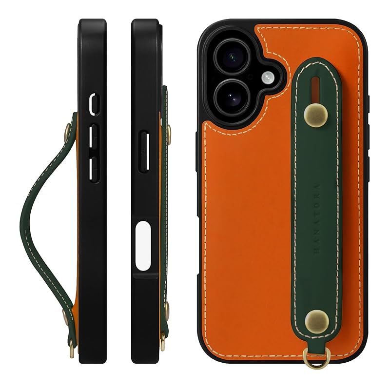 【新品】 HANATORA for iPhone 17 ケース 本革 耐衝撃 背面ベルト ストラップリング スマホケース スマホ スタンド機能 コードホルダー ガラスフィルム 付き オイルドレザー ギフト オレンジ+グリーン GH-17-Orange-Gree