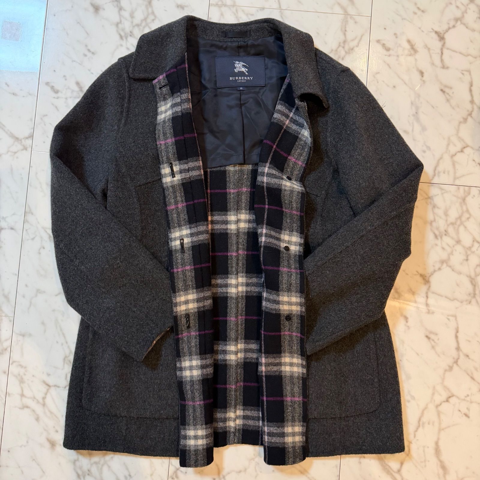 BURBERRY LONDON バーバリー ウールコート ノバチェック グレー 15号 大きいサイズ レディース