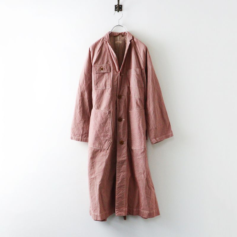 キャピタル KAPITAL ヴィンテージ加工 ストライプ ロング ワークコート 0(XS)レッド┃ジャケット ハオリ 羽織り【2400014936612】