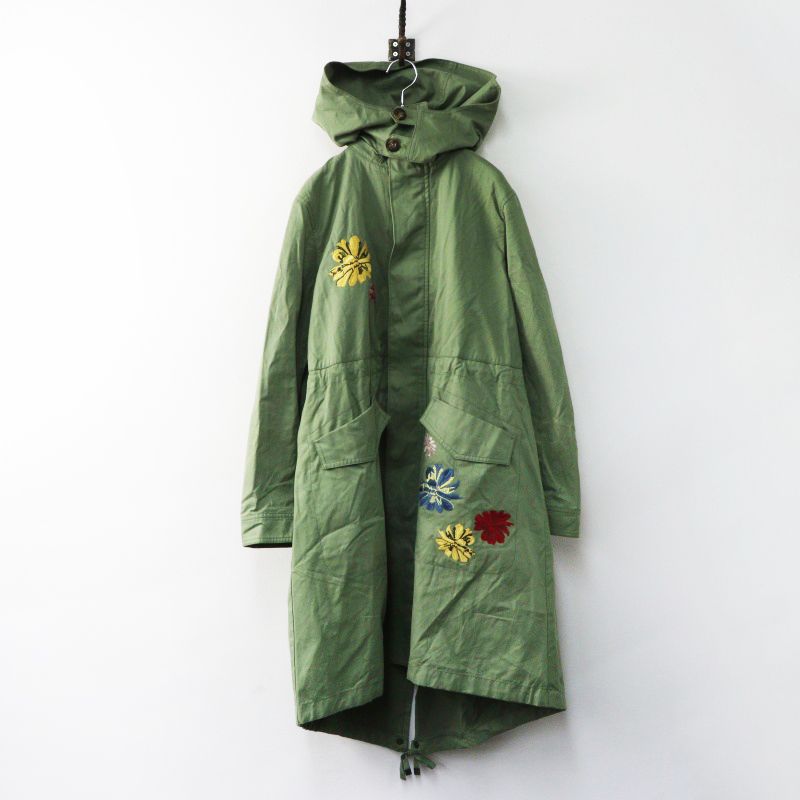 ロイスクレヨン Lois CRAYON フラワー刺繍 フード付きモッズコート M グリーン┃花柄 ブルゾン アウター 上着【2400014972078】