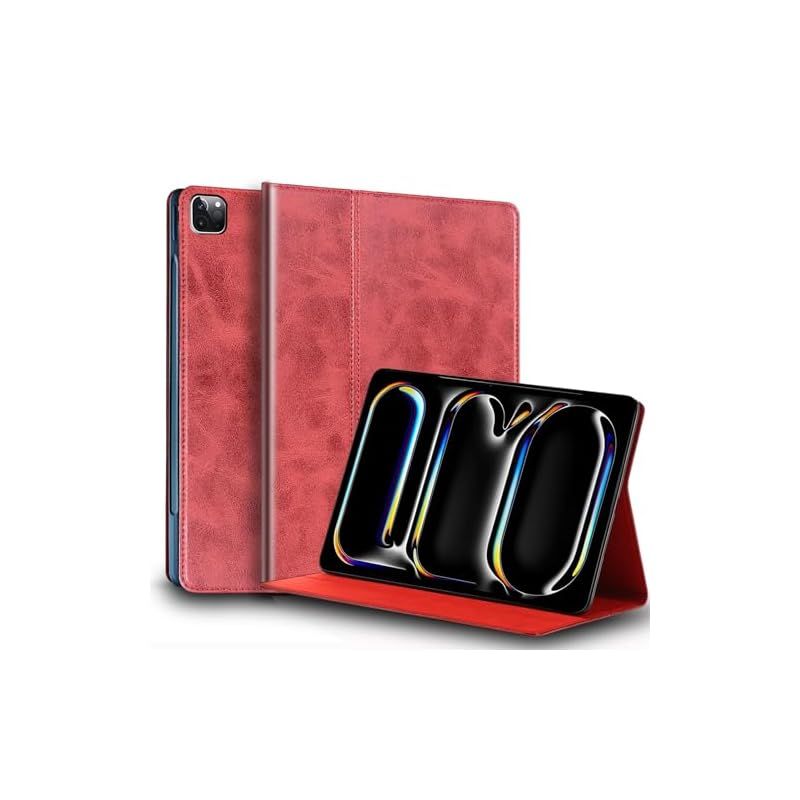 【新品】 Gexmil for iPad Pro 13 インチ M5 2025 / M4 2024 ケース 高級レザー製 アジャスタブルスタンド, 耐衝撃性,衝撃防止 手帳型 保護 オートスリープ/ウェイク 防滑 シンプル おしゃれ レザーケース, レッド