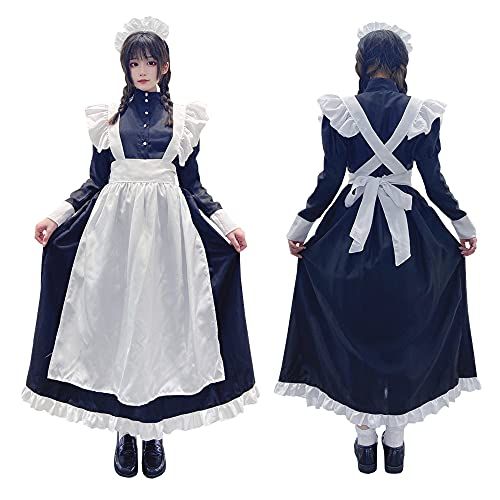 英国風 メイド服 ロング 黒白 ワンピース ハロウィン コスプレ衣装4点セット クラシカル 長袖 女性 男性用 大きいサイズ メイド コスチューム (ワンピース エプロン カチューシャ グローブ) (L サイズ)ma 38cfde01