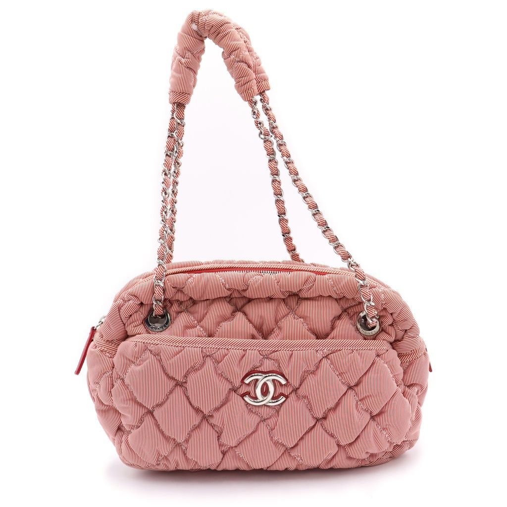 CHANEL (シャネル) バブルキルト ストライプ チェーンショルダーバッグ レッド×ホワイト シルバー金具