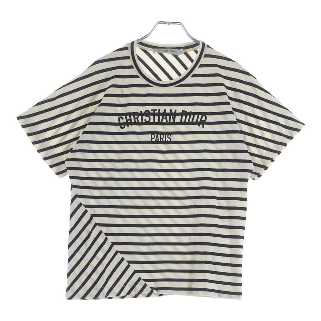 Christian Dior (クリスチャンディオール) ボーダー総柄 ロゴプリント コットンジャージー 半袖Tシャツ トップス ホワイト/ネイビー レディース 543T15A4235