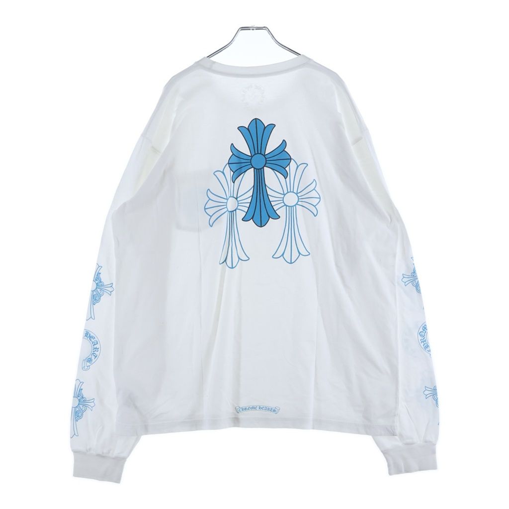 CHROME HEARTS (クロムハーツ) Blue Cross L/S ホースシュー ポケット付き トリプル セメタリークロス バックプリント 長袖Tシャツ ロングスリーブ カットソー ホワイト/ブルー