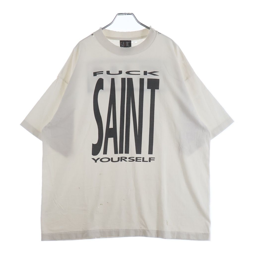 SAINT MICHAEL (セントマイケル) 25SS SAINT YOURSELF SS TEE ヴィンテージ加工 プリント クルーネック 半袖Tシャツ カットソー ホワイト SM-HR8-0000-020