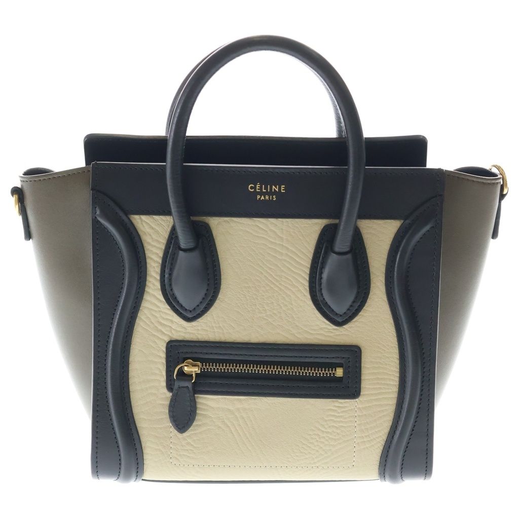 CELINE (セリーヌ) ラゲージナノショッパー 2WAYバッグ ハンドバッグ ショルダーバッグ バイカラー ブラック×カーキ×ベージュ レザー 189243 ゴールド金具