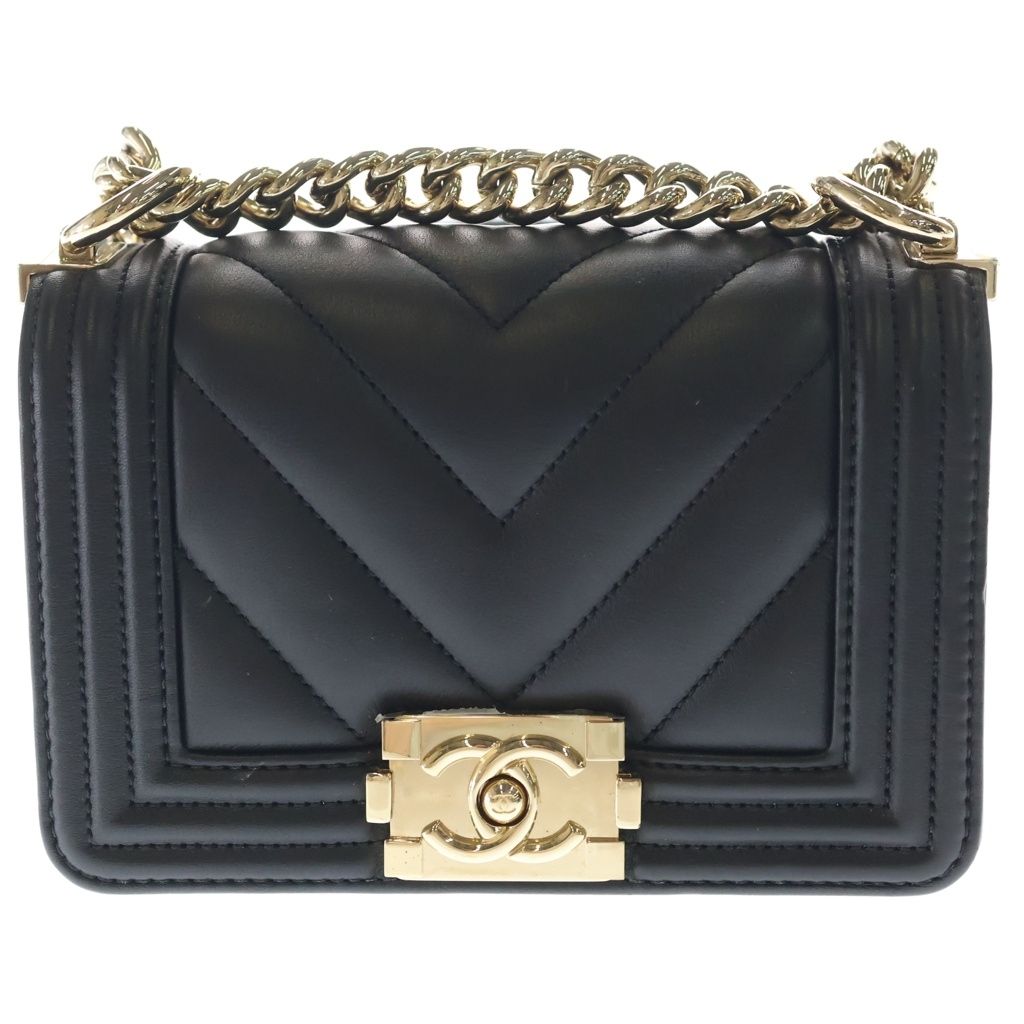 CHANEL (シャネル) ミニボーイシャネル ショルダーバッグ チェーンバッグ ミニバッグ ブラック レザー ゴールド金具