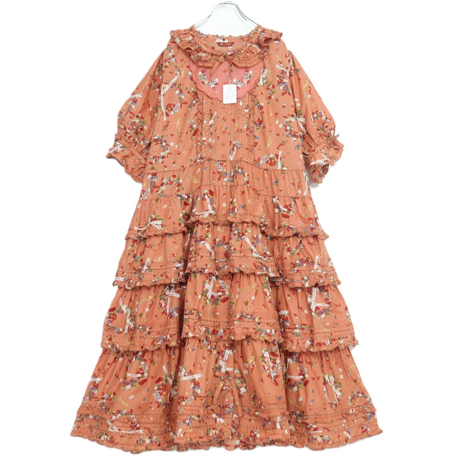 【極美品】ピンクハウス★かぶせ段々&苺ベリーpt♪ローンワンピース 薄オレンジ系 前開き 身幅お直し 残布有 z20245