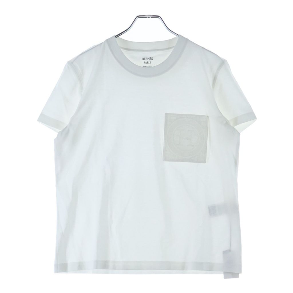 HERMES (エルメス) Hロゴ モザイク 刺繍 クルーネック 半袖Tシャツ カットソー ホワイト