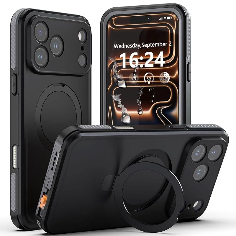 【新品】 【防水・スタンド機能・MagSafe対応】UMITTOS iPhone 17 Pro 用 ケース 防水 衝撃吸収 全面保護 防雪 防塵 水中撮影対応 顔認証対応 滑り止め 手持ちやすい 頑丈 耐衝撃 ストラップ付き 雨の日、お風呂など適用 防水ケース
